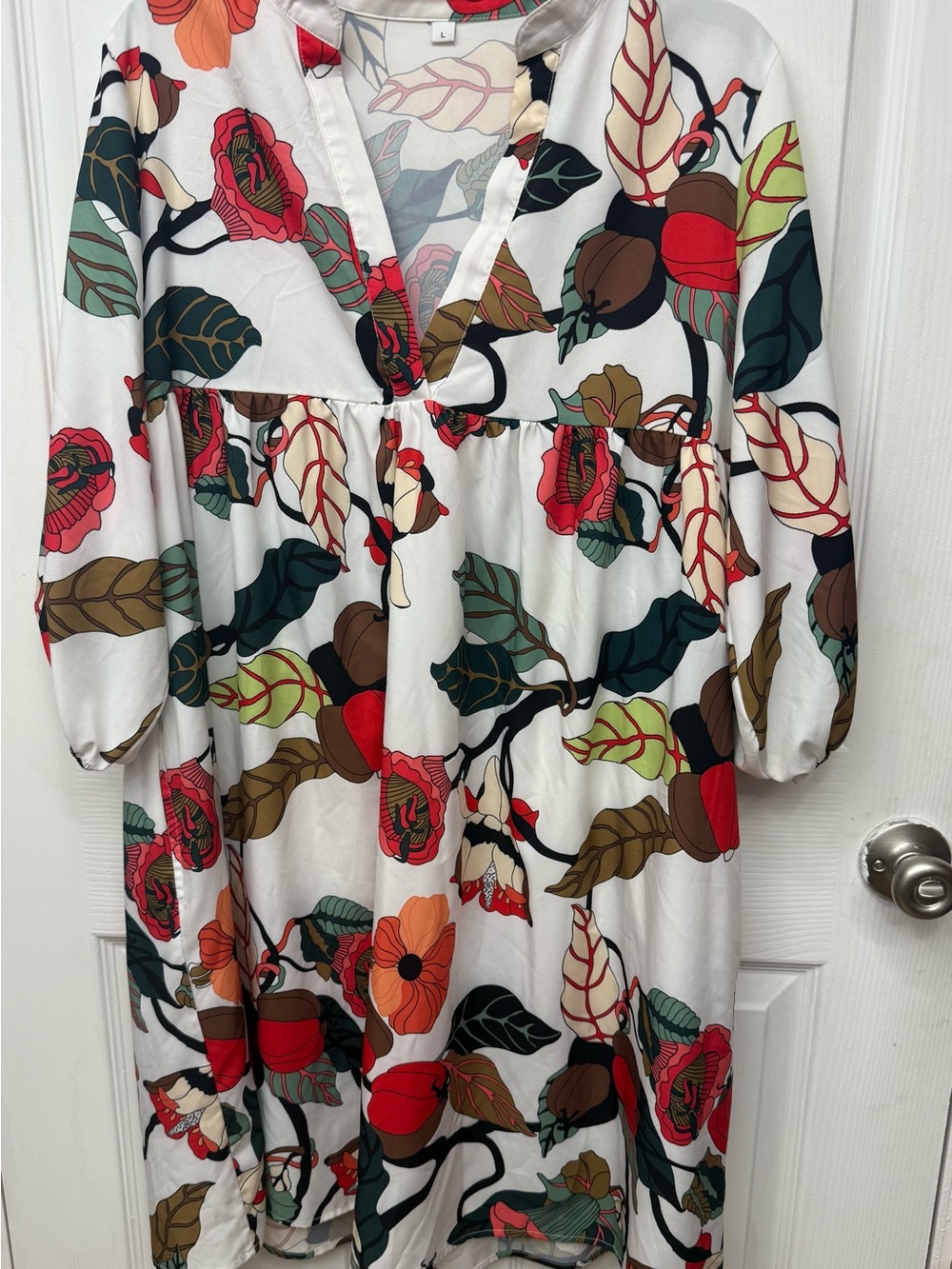 Floral V-Neck Puff Sleeve Midi Dress - White with Red & Green Floral